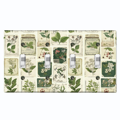 Metal Light Switch Plate Cover; US Standard Size 4 Gang Toggle - Botanical Plant Scrapbook
