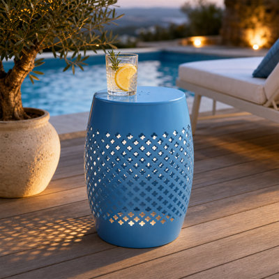 Barrel-Shaped Side Table, Powder-Coated Wrought Iron Decorative Table, Patio Table, Waterproof and Rust-Resistant, Modern Minimalist Style, Openwork Design, Blue