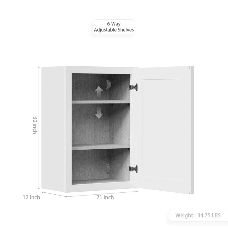Maximize Small Space-21"Solid Wood Shaker Cabinet.Features Soft-Close Door,2 Adjustable Shelves.Ideal For Kitchen, Bathroom, Laundry,Garage.Easy Assembly.(21"Wx12"Dx30"H)