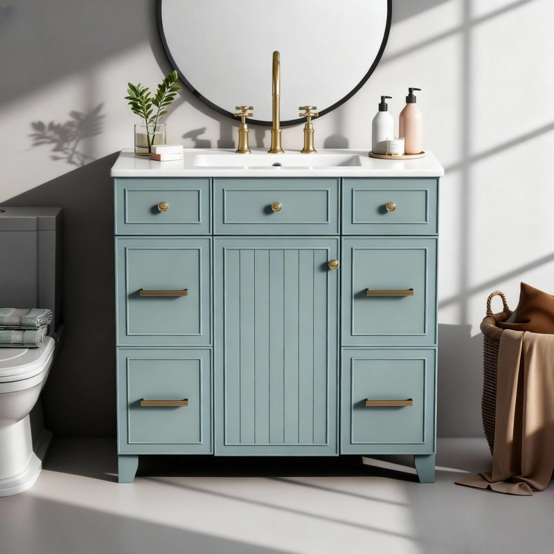 Zorindale 36" Green Bathroom Vanity, Ceramic Top, Solid Wood Frame, Green
