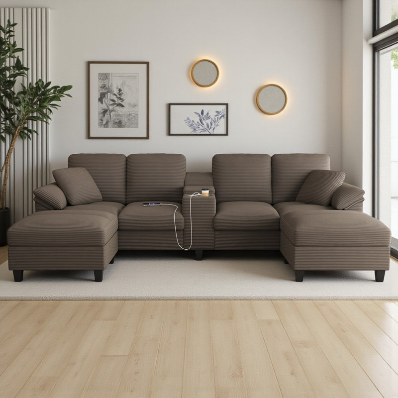 Canapé modulaire rembourré en U avec rangement et ports USB, Velours côtelé brun