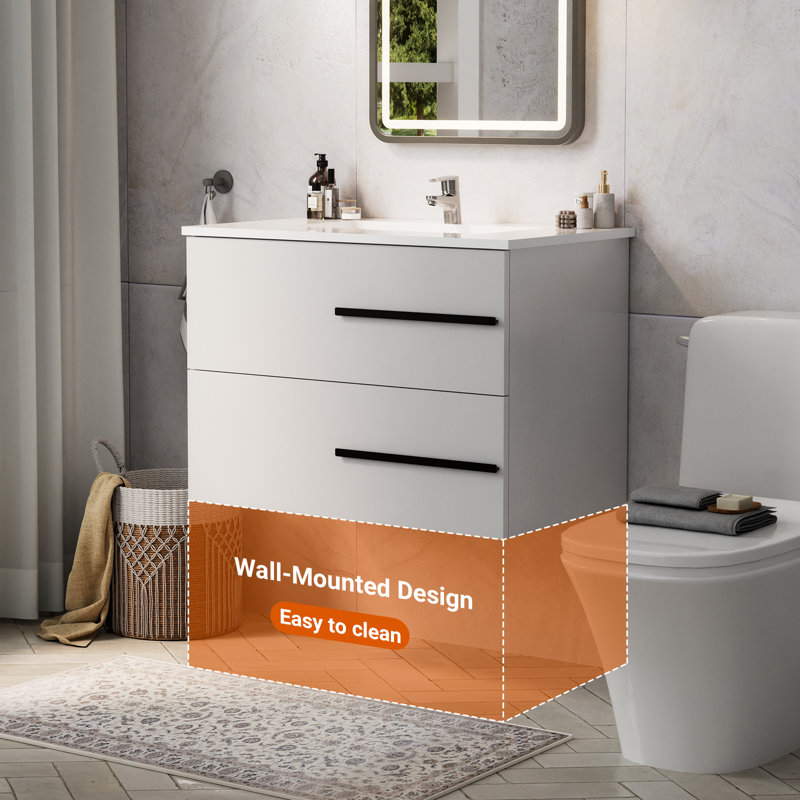 30" Floating Bathroom Vanity Sink with 2 Fluted Drawers,Modern Wall-mounted Bathroom Storage Cabinet with Black Metal Handles,White