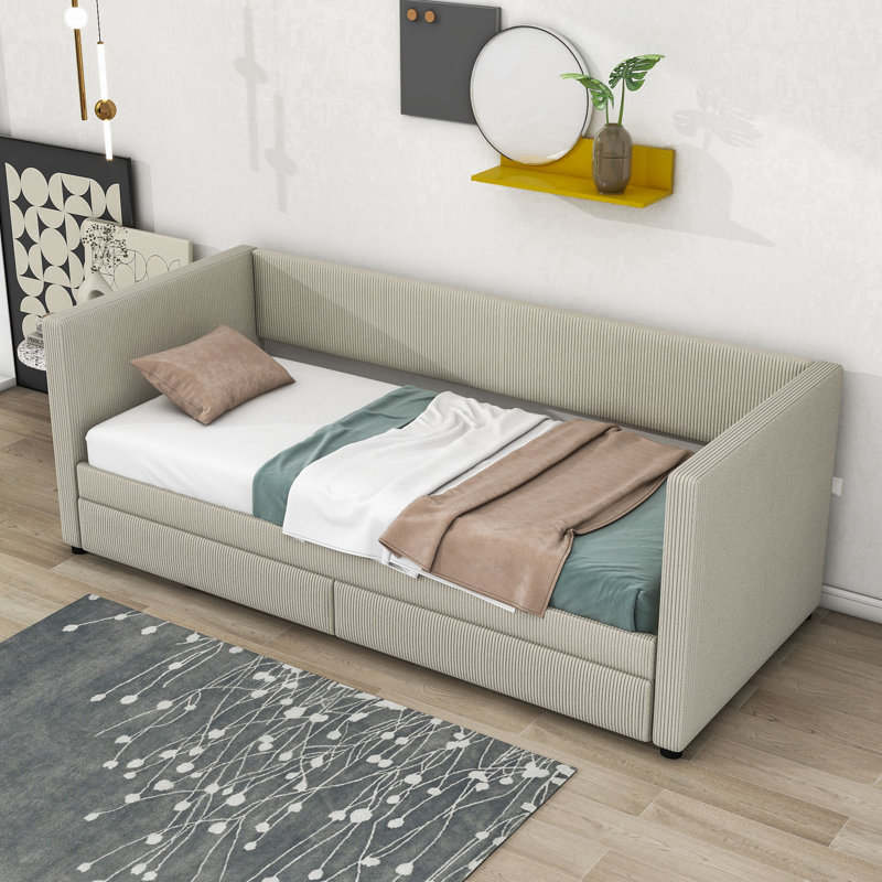 Hudnell Twin Size Corduroy Upholstered Daybed With Two Drawers, Beige
