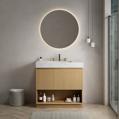 Meuble-lavabo FINO 36, sur pied, comptoir en pierre frittée blanche de Carrare et lavabo en céramique avec 3 trous pré-percés pour robinetterie, démonté, robinetterie et bonde non inclus, couleur chêne Corolla
