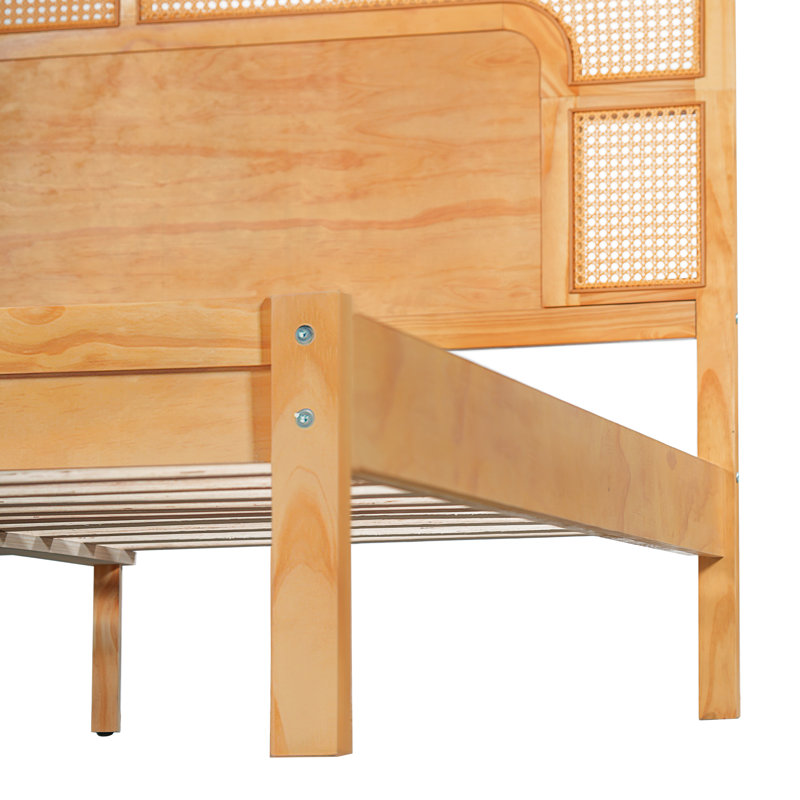 Cadre de lit plateforme avec tête de lit en rotin tressé, cadre de lit rustique bohème en bois massif, sommier non requis
