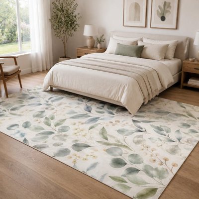 1Pcs Watercolor Eucalyptus Botanical Design Rug - Soft and Easy to Clean Area Carpet, Large Thin with Non-Slip Backing, Ideal for Living Room, Bedroom, Kitchen, Office Indoor Use for home detor