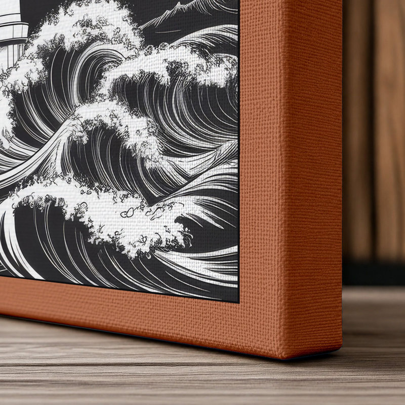 Lighthouse in the Storm Industrial 1 Piece Wrapped Canvas Wall Art, 36x24 - 91.4 x 61.0 cm, Terracotta Border
