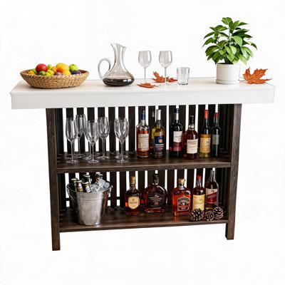 63" Large Home Bar Table, 2-Tier Home Bar Unit, Kitchen Wood Pub Bar Unit Table with Footrest, Modern Coffee Bar Cabinet for Kitchen, Bistro, Dining Room, Living Room