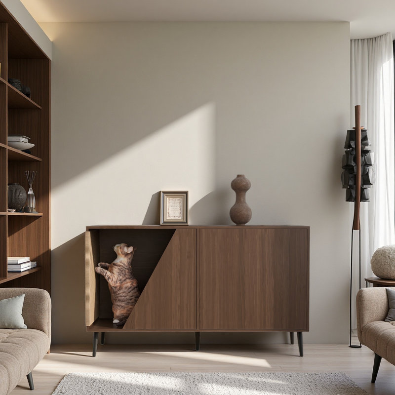 Buffet 2 en 1 en noyer avec porte à ressort et scatcher pour chat en sisal