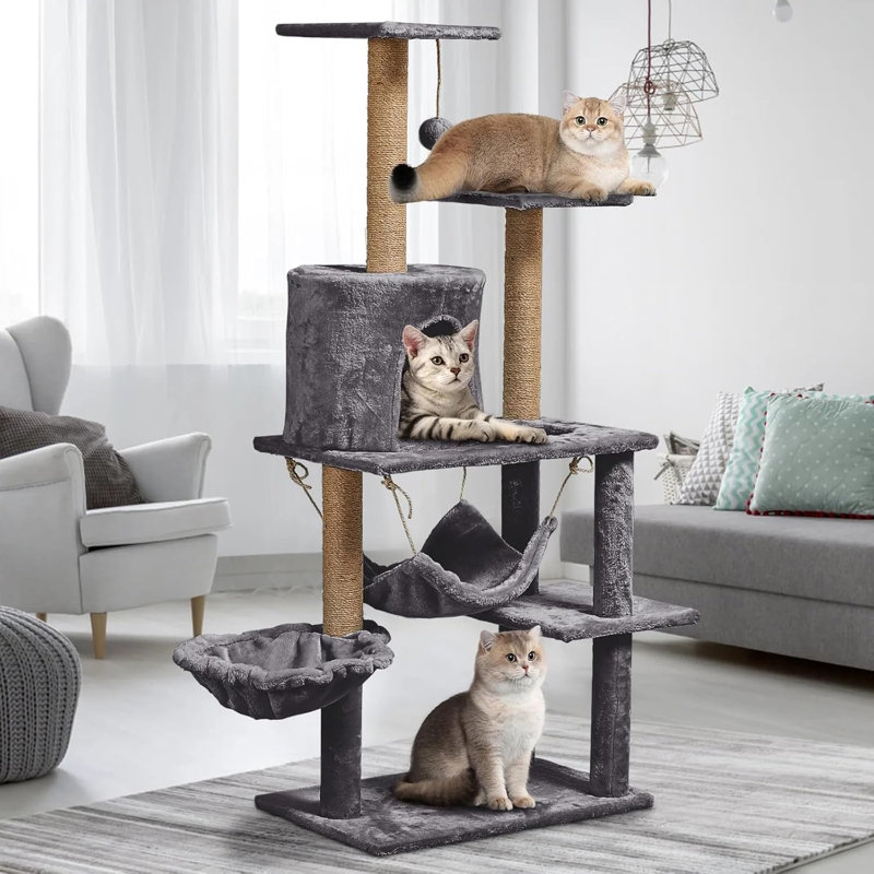 Tour d'arbre à chat à plusieurs niveaux pour chats d'intérieur et chatons avec poteaux à griffer, hamac, panier, condo confortable et perchoirs 