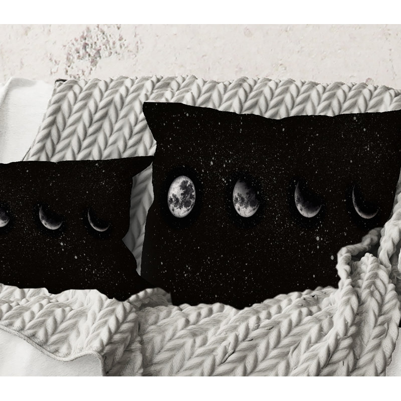 Carré, phases de lune dans le ciel nocturne - Coussin décoratif imprimé moderne, 18" x 18"