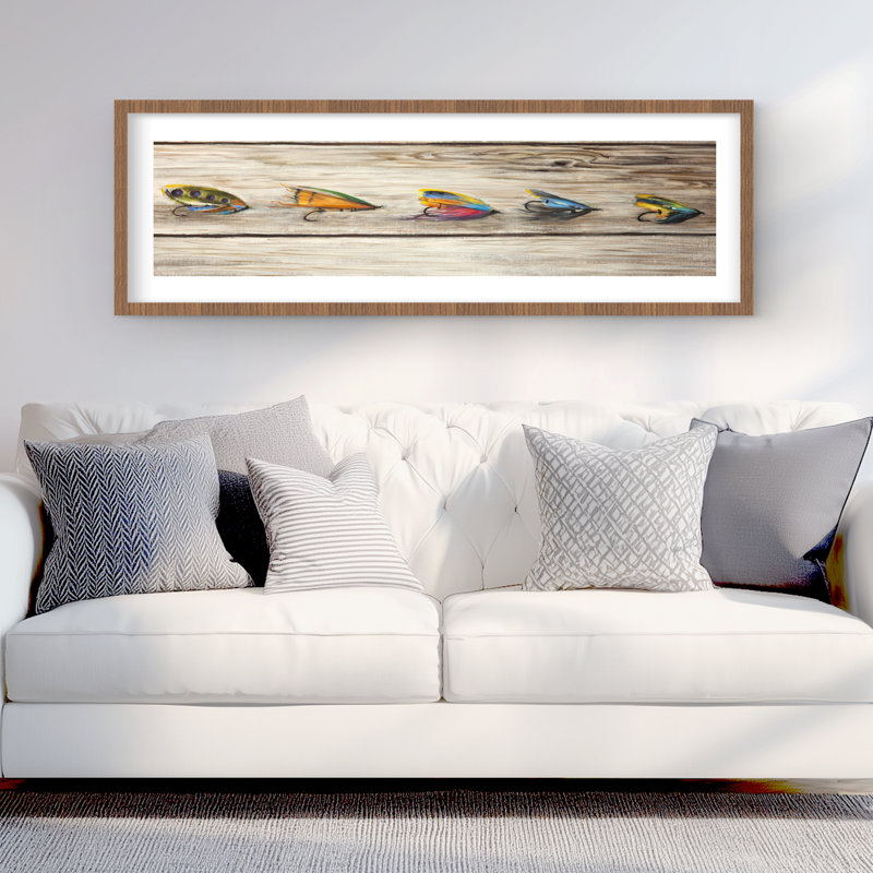 Fishing Flies Vintage Framed Print - Wood Background Decor, 16" H x 48" W, Brown