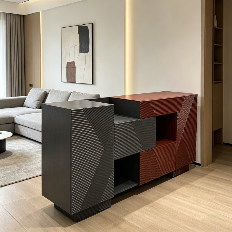 Armoire d'entrée Mid-Century, H 33,5 po x l 55,1 po x P 15,7 po, Gris foncé / Rouge
