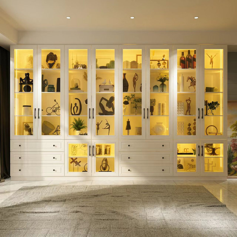 78.7" H x 126" W Display Case Curio Cabinet With Glass Door & LED Light, White