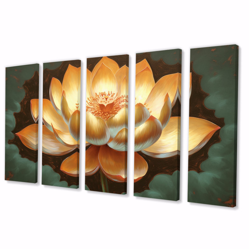 Golden Blooming Retro Lotus - Lotus Wall Art Living Room - 5 panneaux égaux