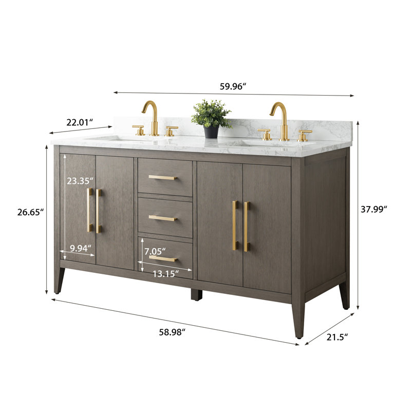 Chambery 60" Double Sink Bathroom Vanity with Engineered Marble Top, Brushed Gold, Driftwood Gray