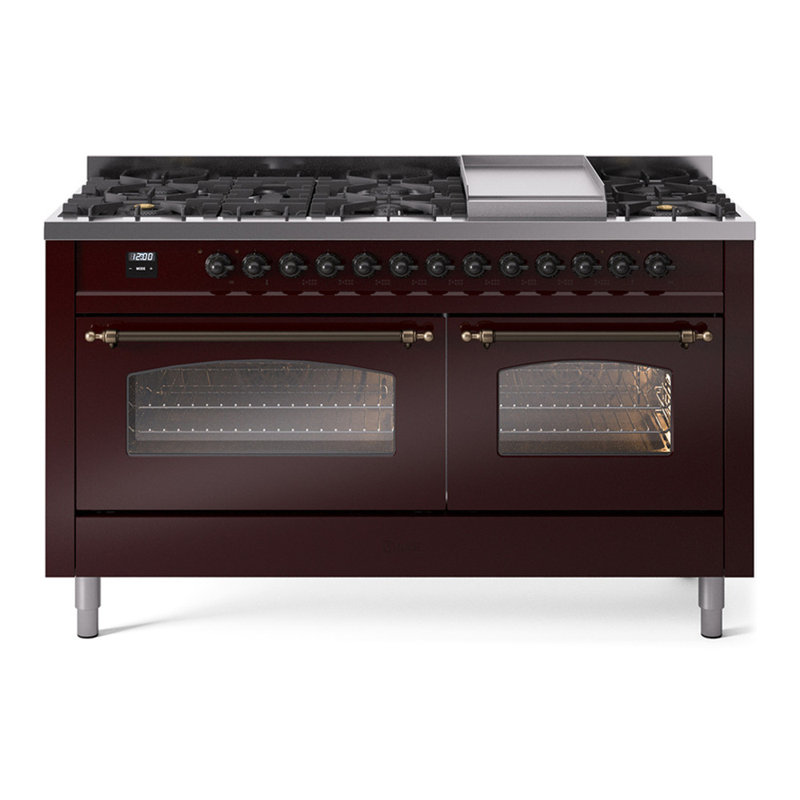 ILVE Nostalgie II Series 60 inch Dual Fuel Range with 9 Sealed Burners, Griddle (Glass Door), Burgundy/Bronze, Natural Gas