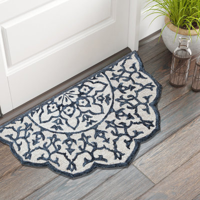 Tapis bleu / beige en laine crocheté à la main Genovese