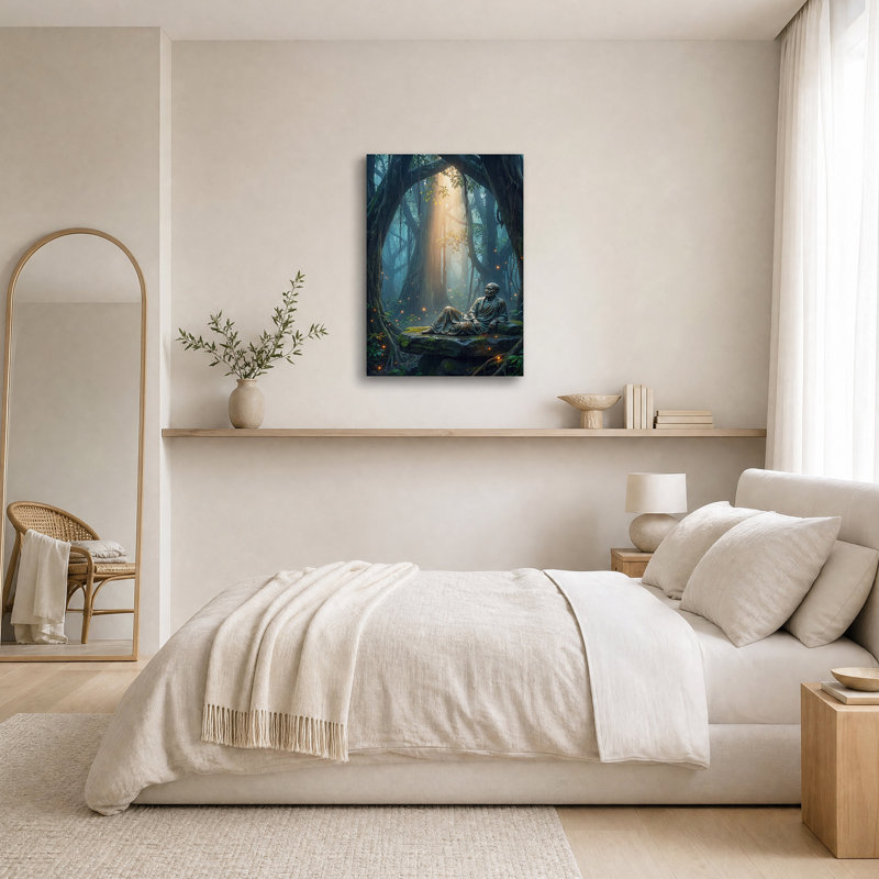 Art sur toile, "Bronze figure in Glowing Forest", 18"H x 12"W
