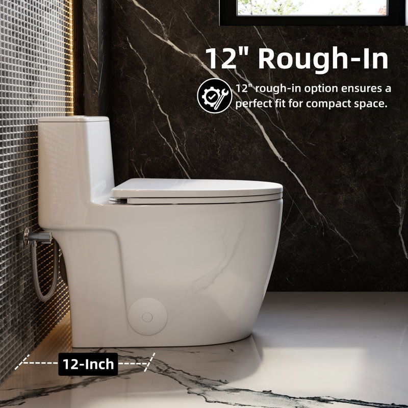 17.3" Comfort ADA Height One Piece Toilet, White Ceramic Elongated Modern Toilet with Rimless Swirl Flush, Dual Flush 1.0/1.28 GPF, 12" Rough-In