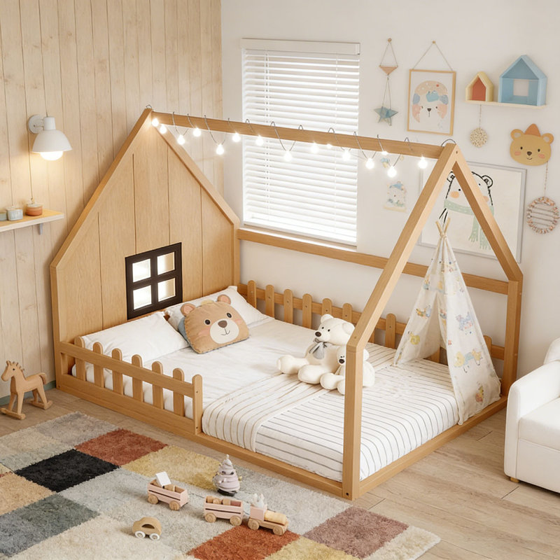 Lit double en bois avec fenêtre et clôture, Naturel