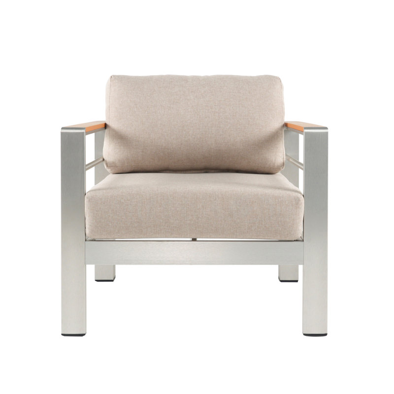 Fauteuil club d'extérieur en aluminium, structure argentée avec coussin beige, 1 pièce