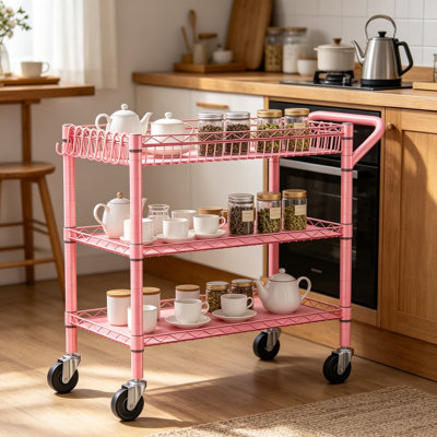 Utility Cart With Wheels, 990 Lbs Capacity Heavy Duty Metal 3 Tier Rolling Cart For Kitchen, Warehouse, And Indoor/Outdoor Use, NSF Approved, Wire Shelving With Handle And Locking Wheels, Pink