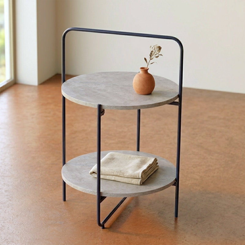 Folding Haarlem Side Table - 2-Tier Cement Finish Wood Top, Industrial Metal End Table with Handle, Gray Wood