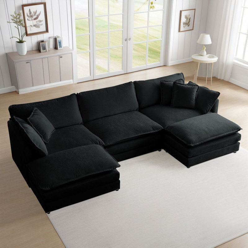 Latitude Run U Shaped Modular Sectional Sofa Chenille Deep Seat Cloud Couch with 2 Movable Ottoman, Black Chenille