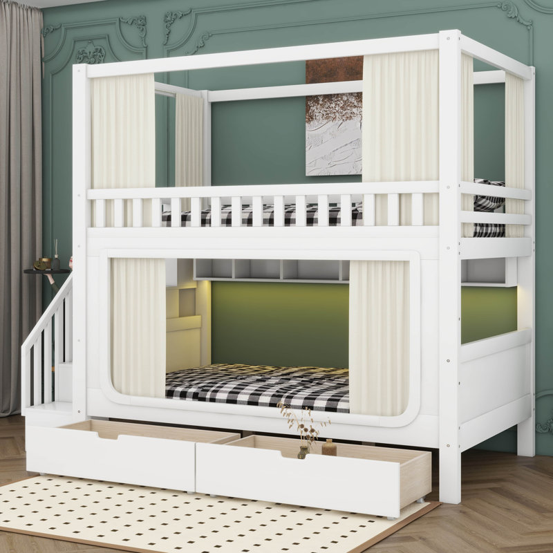 Full Over Full Bunk Bed With Privacy Curtains, Under Bed LED Lights, Storage Stairs And Drawers