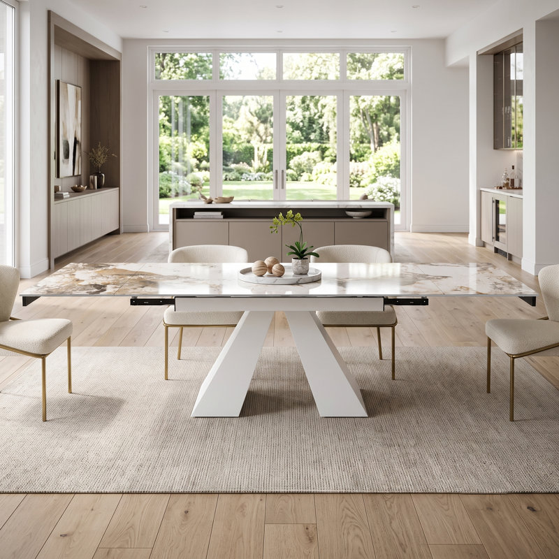 Table de salle à manger extensible 63 "à 94,48" moderne Glam Pandora avec base en acier au carbone pour 8-10, White