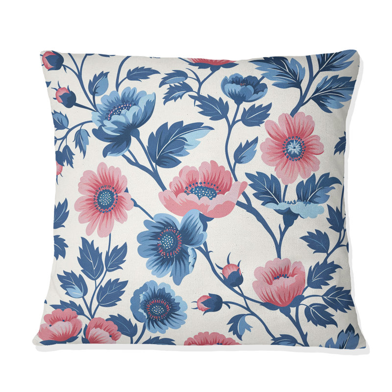 Coussin décoratif bleu avec fleurs bleues et fleurs VI, H 16 po x l 16 po
