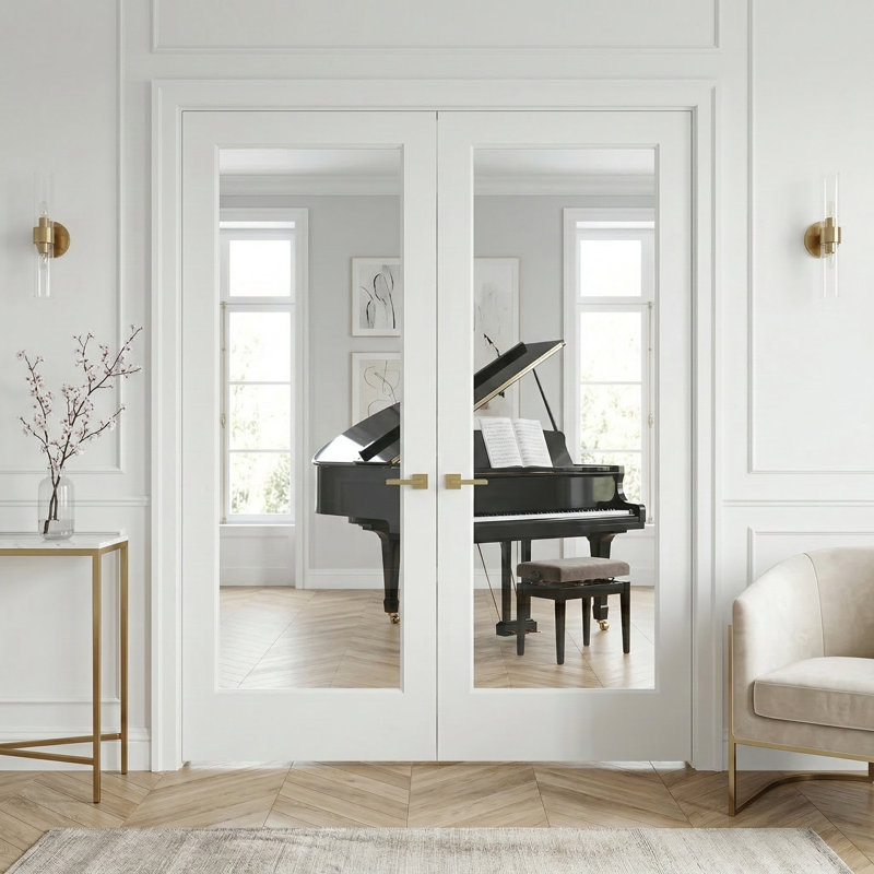 Portes en bois massif et en bois manufacturé à double dalle en verre transparent sans cadre ni quincaillerie, 56 po x 80 po