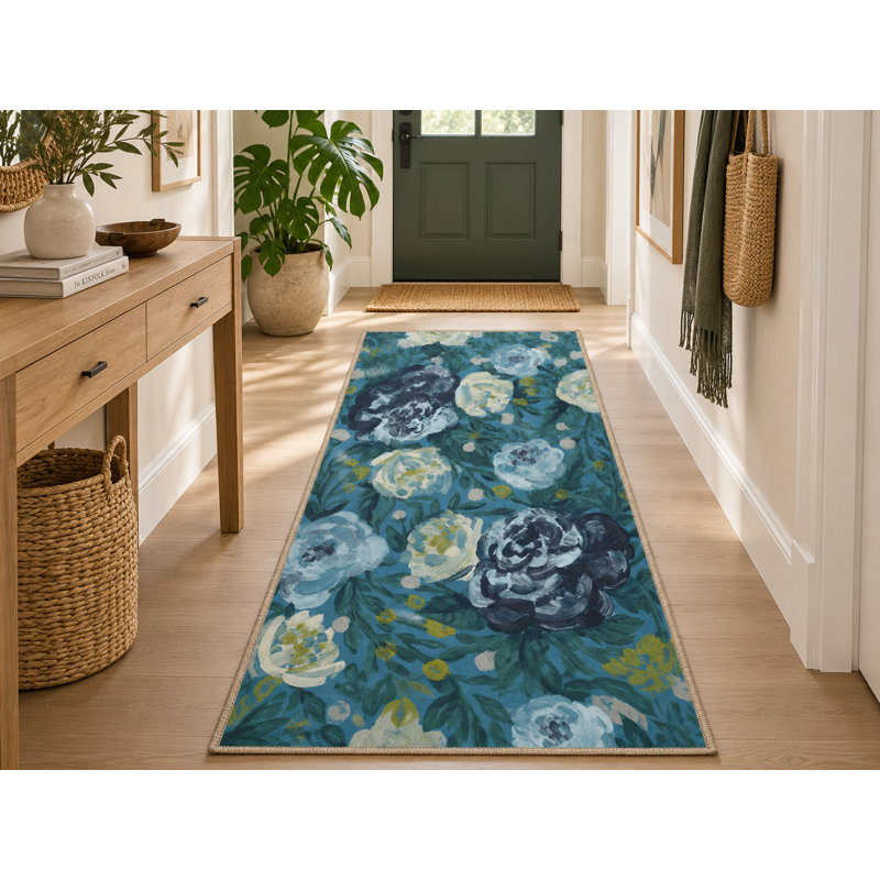 Blue Rose Patterned Washable Decorative Carpet, Round 4'