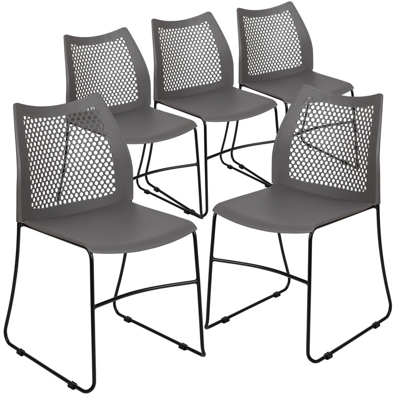 Oliverson Plastic Stacking Lobby Chairs with Honeycomb Backs, Gray, Navy, 5