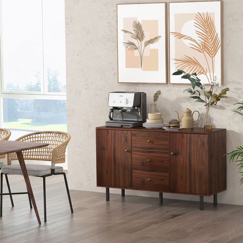 Buffet, armoire de cuisine avec 2 armoires, 3 tiroirs et tablettes réglables, armoire à café pour le salon, entrée, brun rustique