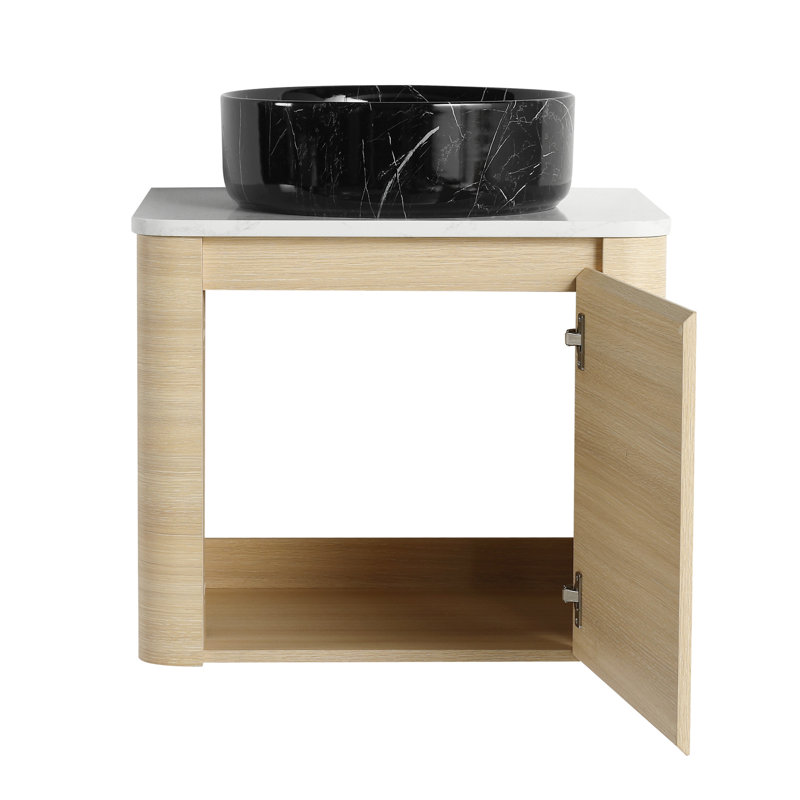 Meuble-lavabo mural de 24 po avec lavabo d'art en céramique, porte simple à fermeture en douceur, fabrication en contreplaqué, pierre plate blanche, 45 poignées cachées, rangement et style de confort