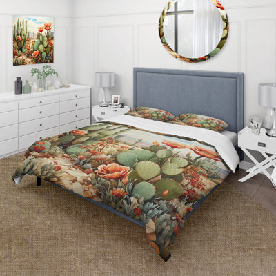 Coral Green Cactus Desert Blooms Pointillism III - Floral Duvet Cover Set