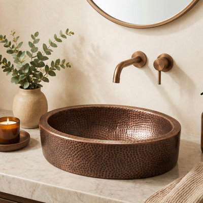 Jonathan Y Mallory 17 In. Skirted Oval Bowl Pure Copper Hand-hammered Above Counter Vessel Bathroom Vanity Sink In Dark Antique Copper