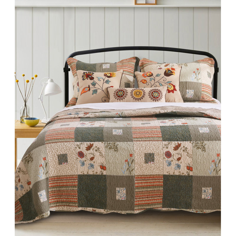 Gray and Beige Cotton Twin Quilt Set with Floral Embroidery