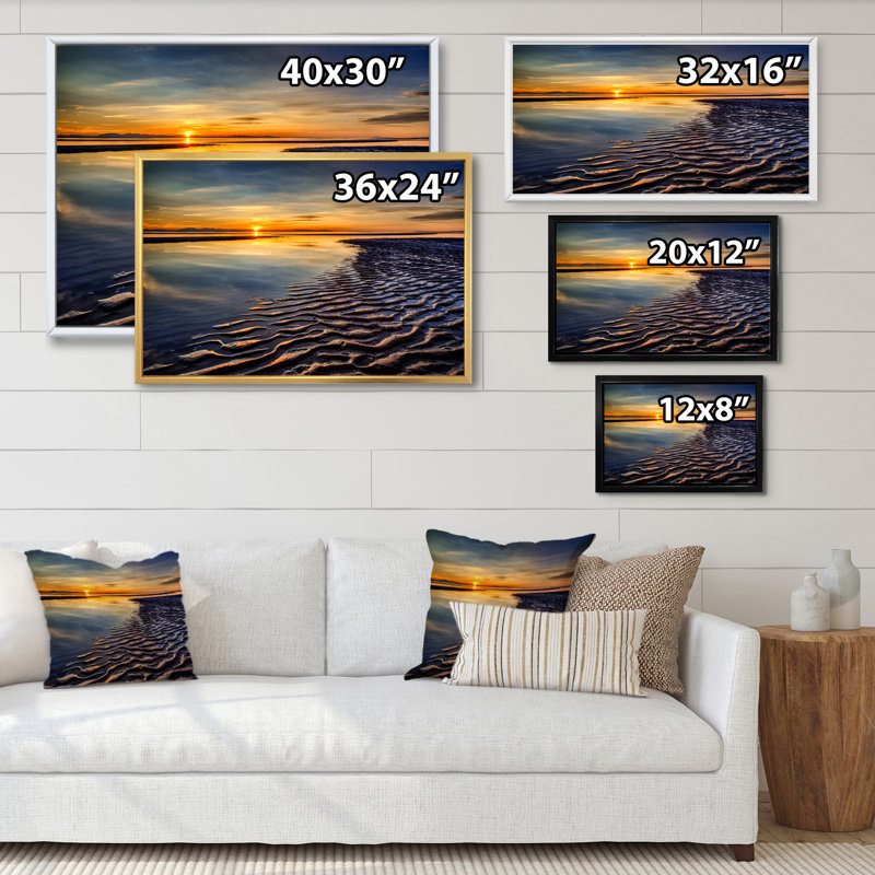 " Sunset Beach Dramatic Sky II ", 16" H x 32" W x 1" D, White Floater Framed Canvas