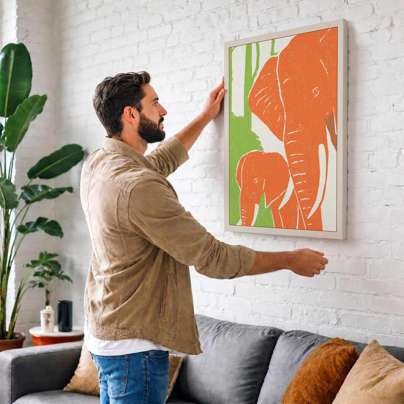 Elephant Mother And Calf Boho - Print, 30x20 - 76.2 x 50.8 cm, Sage Border