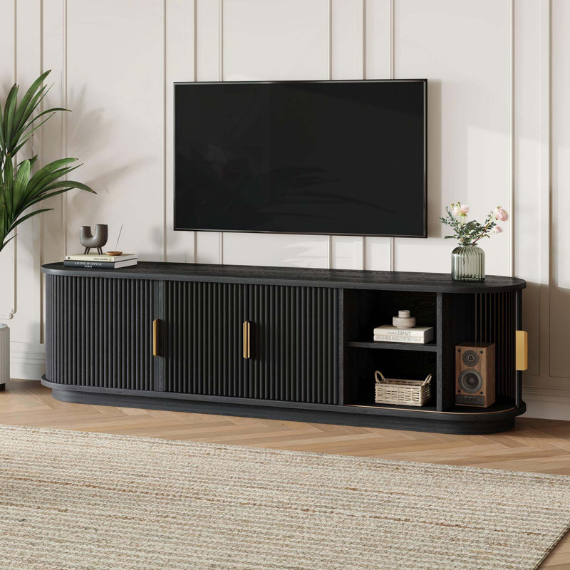 Meuble télé en bois cannelé avec rangement réglable et porte tambour coulissante, Noir