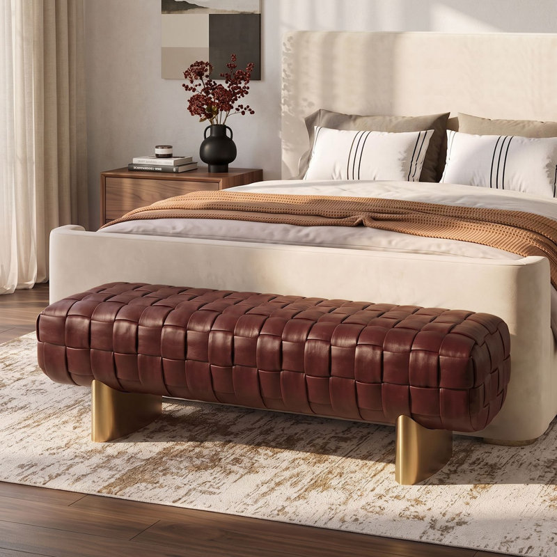 Banc rembourré en cuir PU de 162,5 cm de large pour entrée et chambre, Red
