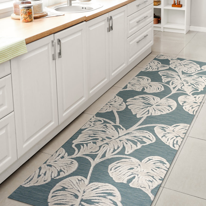 Hua High-Low Two-Tone Monstera Leaf Blue/Ivory Indoor/Outdoor Rug, Runner 2'2" x 8'