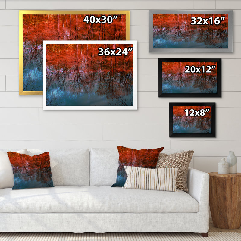 «Red Autumn Artistic Forest By The Lake III», reproduction sur toile, H 8 po x l 12 po x P 1 po, Cadre de coin blanc fermé