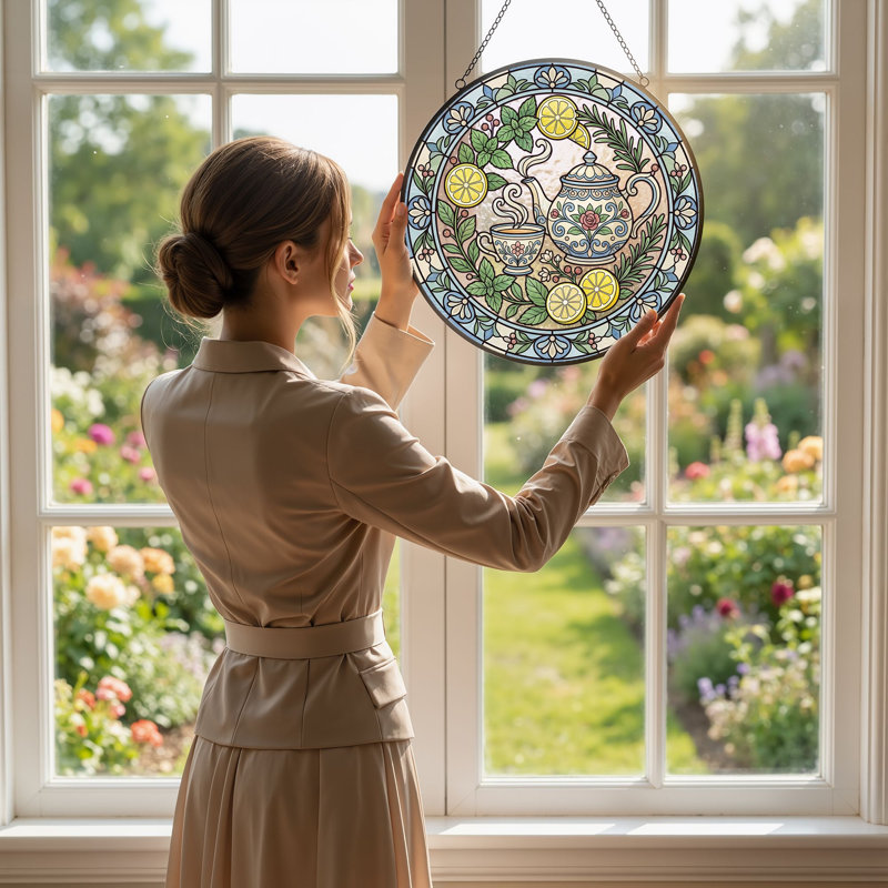 Tea Time Stained Glass Window Panel,12"H, H 12 po