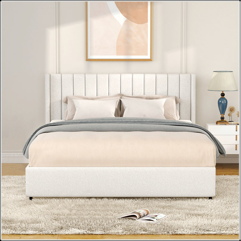Patented  Patented 2-Drawers Storage Bed Queen Size Ivory Boucle Upholstered Platform Bed, Tufted Headboard,No Box Spring Needed