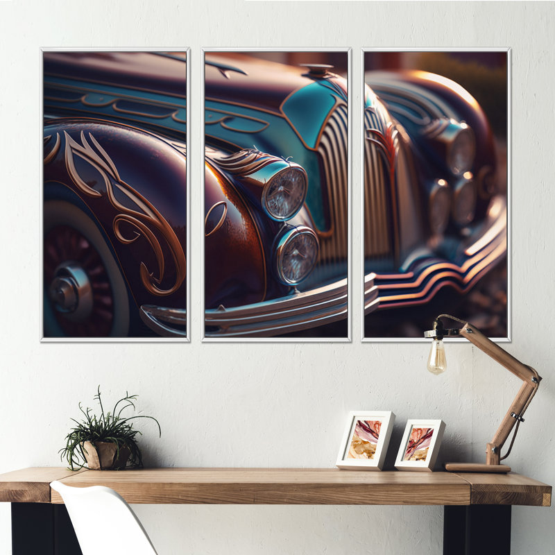 Gros plan sur une voiture rétro classique VI, reproduction sur toile 3 pièces, L 36 po x H 28 po, Cadre blanc