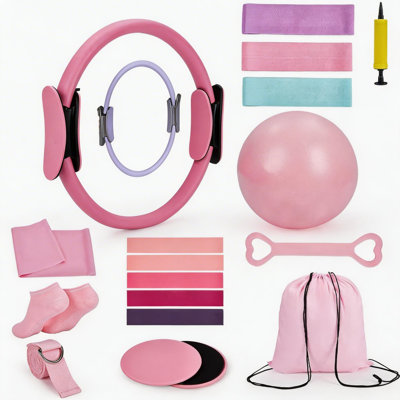 Ensemble de pilates pour l'entraînement à domicile, ensemble de cercles magiques de 13 pouces avec mini balles, bandes de résistance et accessoires pour femmes, rose